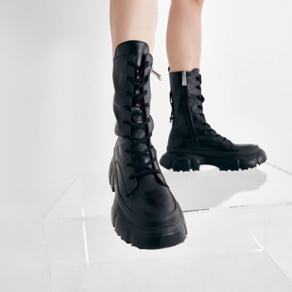 Zara Shoes - ZARA LOW HEEL LUG SOLE LACED LEATHER BOOTS Sz 8